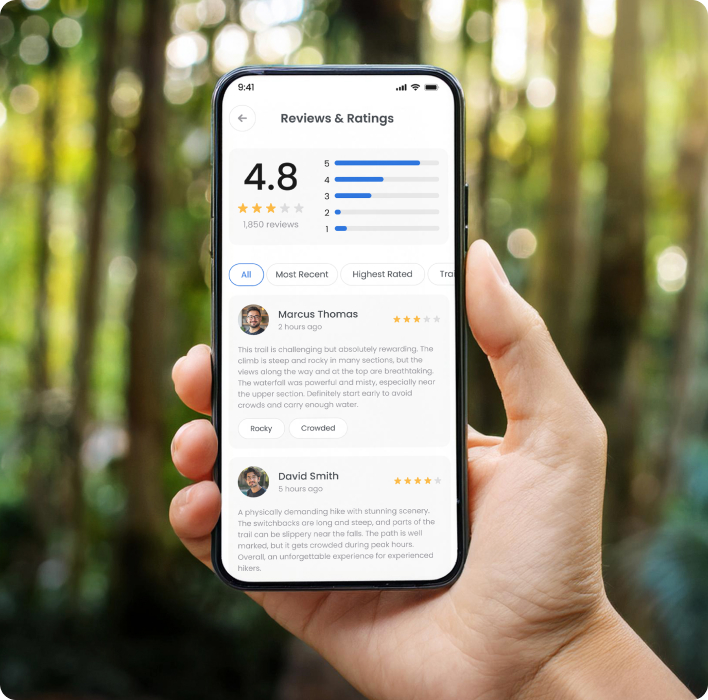 Mobile app showing reviews and ratings screen