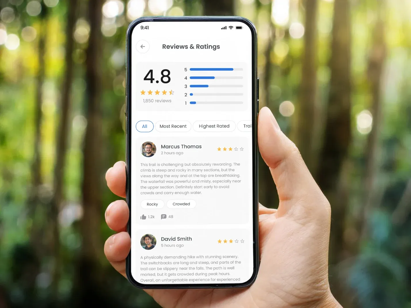 Mobile app showing reviews and ratings screen