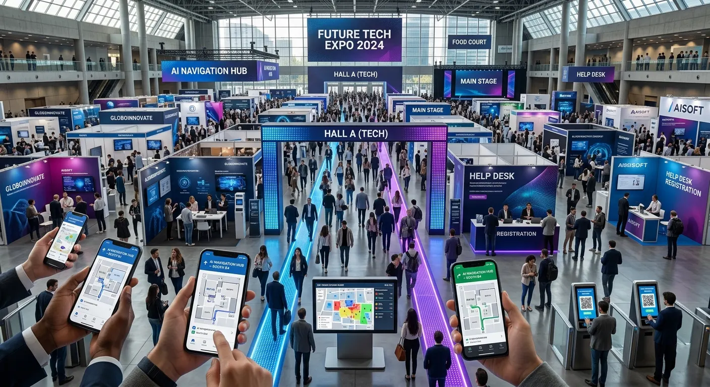 Busy expo floor with an interactive booth navigation map visible on a mobile screen