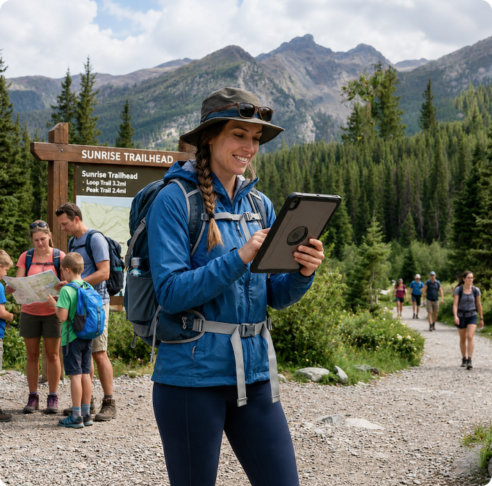 Hiker using a tablet at a trailhead with mountains in the background
