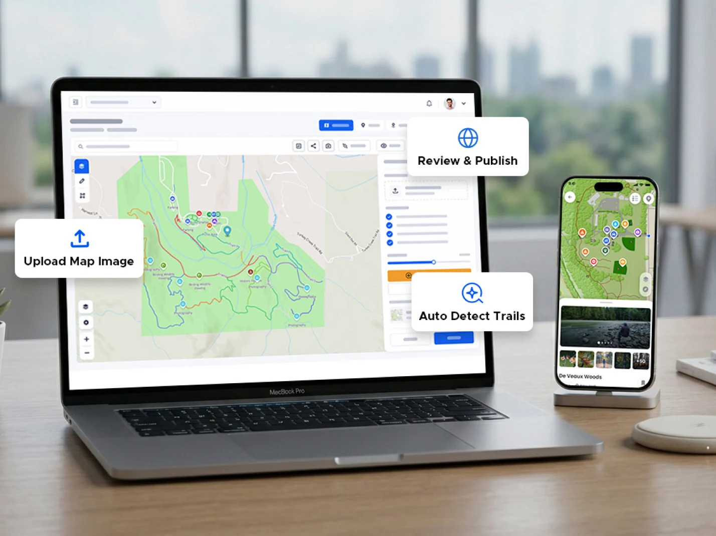 OuterMap dashboard shown on a MacBook and iPhone side by side
