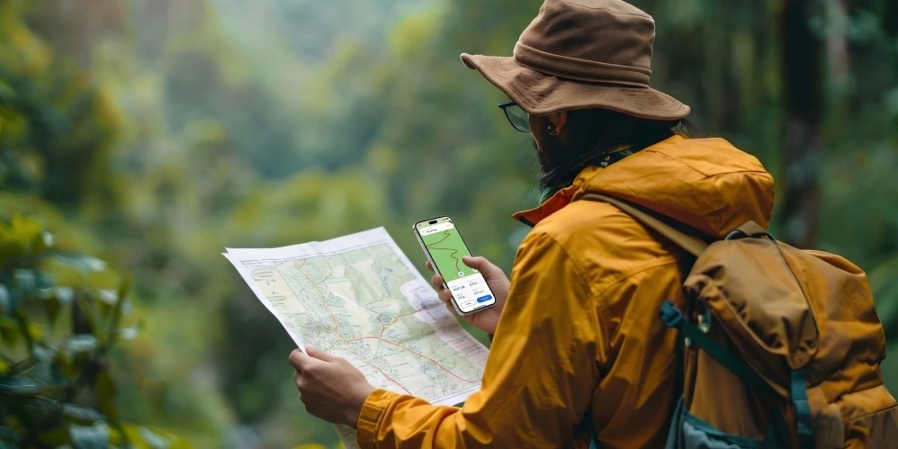A recreation park visitor using an interactive mobile map to navigate trails and campsites