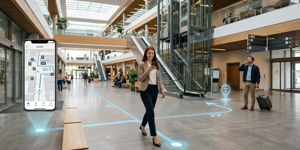 A visitor using indoor navigation on a smartphone to find their way through a large multi-floor building