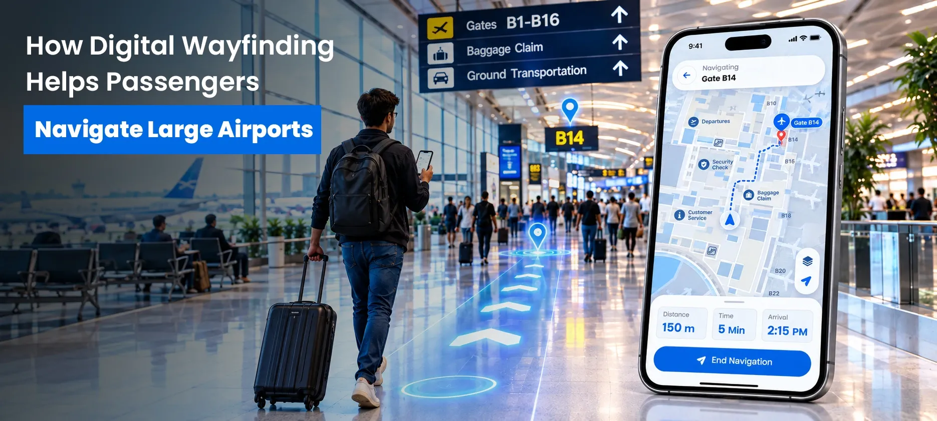 Passenger using digital airport wayfinding map