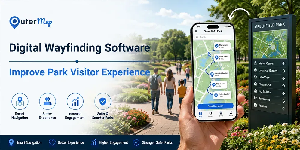 A park visitor using digital wayfinding on a smartphone to find trails, attractions and facilities across a large outdoor park