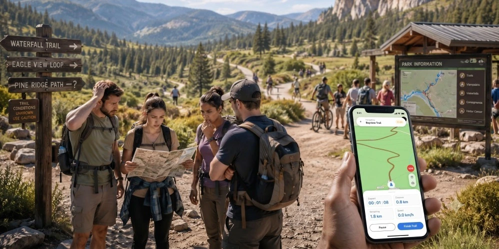 A park visitor using an interactive, offline park map on a smartphone to navigate trails and points of interest