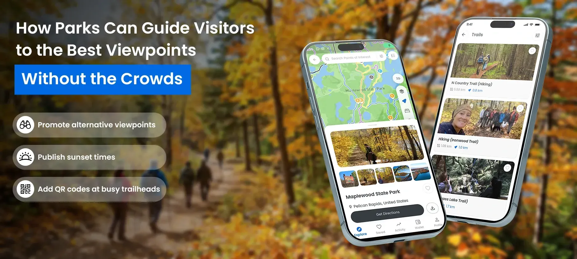 Park visitors checking the OuterMap trail map at a fall foliage viewpoint
