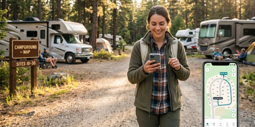 A camper using an interactive campground map on a smartphone to find their campsite and amenities