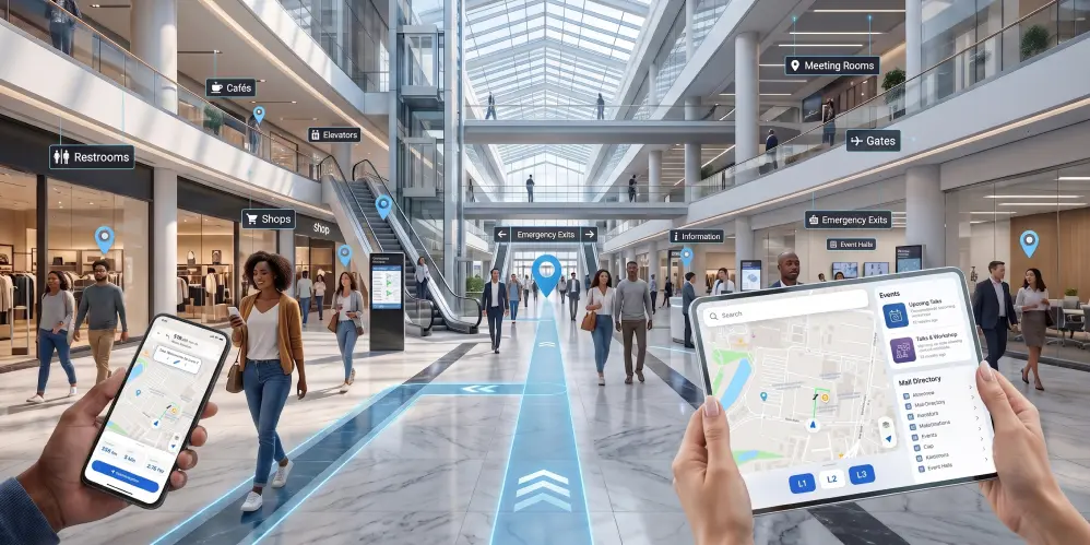 An interactive indoor map on a phone and a kiosk helping a visitor navigate a multi-floor building