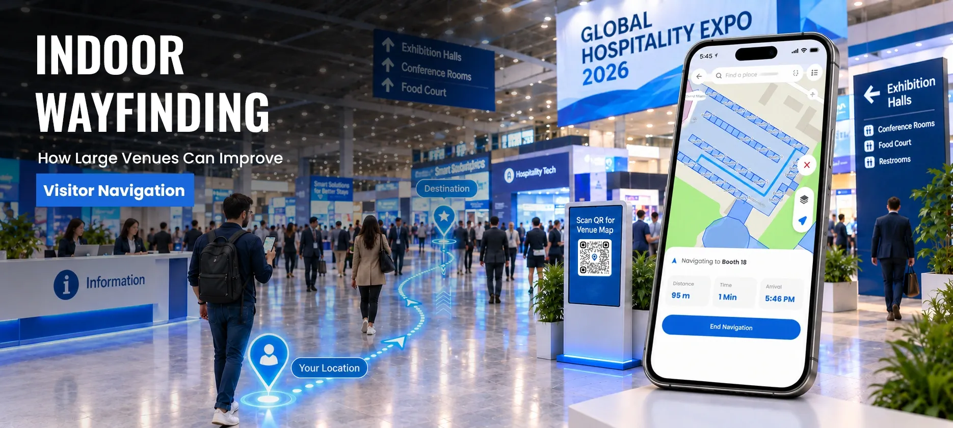 Indoor wayfinding map helping visitors navigate a large venue