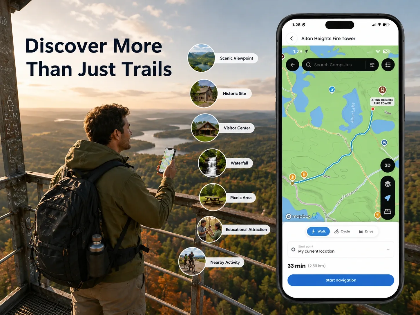 OuterMap digital state park map showing trails, amenities, and points of interest on a mobile device