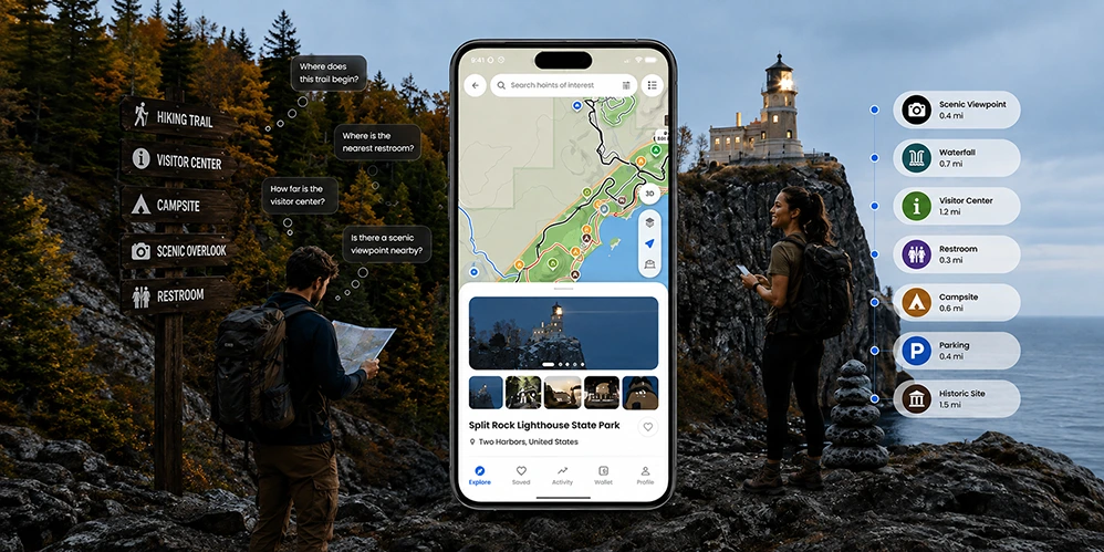 Interactive OuterMap digital map of a Minnesota state park showing trails, points of interest, and amenities on a smartphone