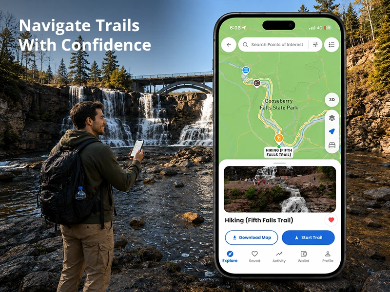 Interactive Minnesota state park trail map in OuterMap showing trail routes and nearby points of interest
