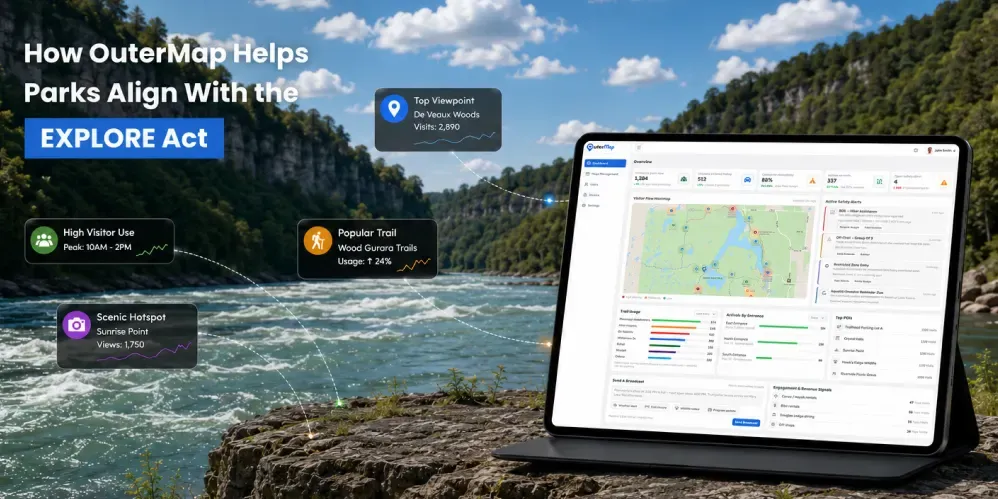 A park management dashboard in OuterMap showing GPS-based visitor engagement across trails, points of interest, and facilities