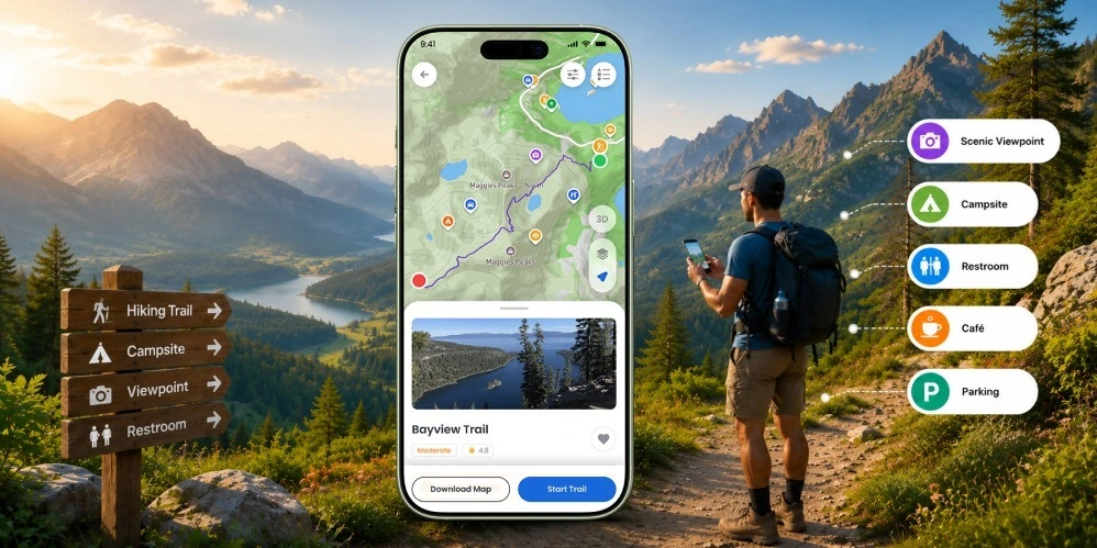 A traveler following a self-guided interactive map on a smartphone while exploring an outdoor destination