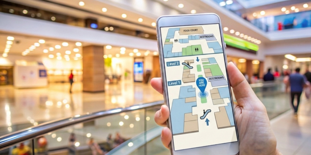 A shopper using a mall navigation app showing store finder and floor-by-floor map